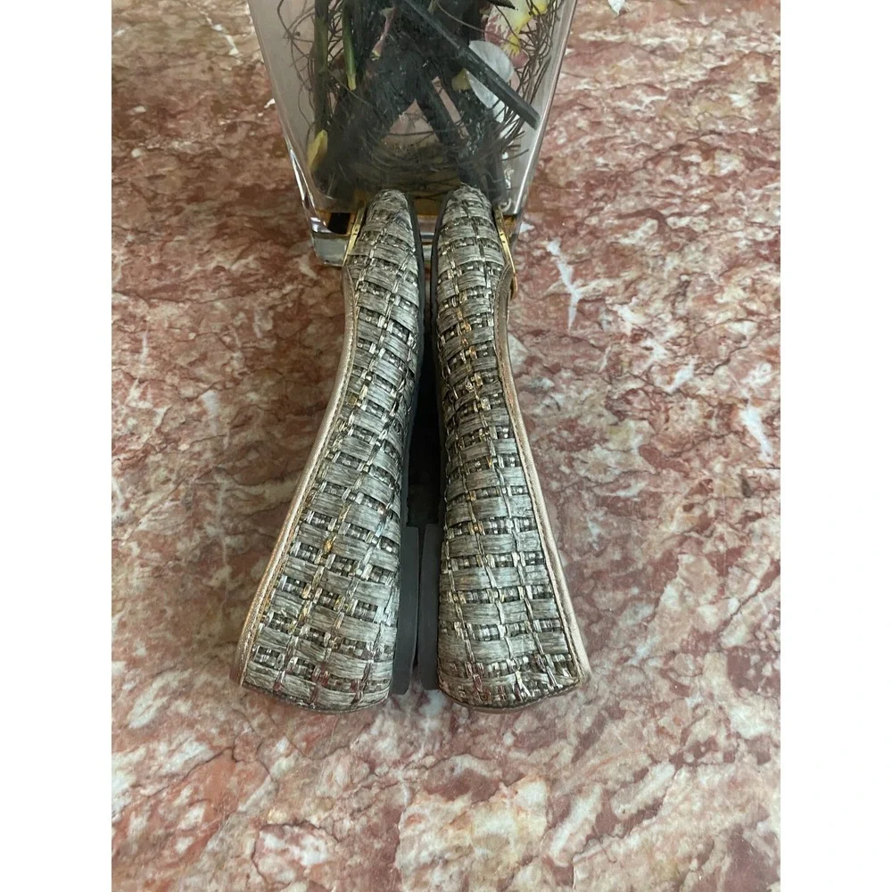 Tory Burch Women's Woven Metallic Silver Gray Rattan Reva Flat Size 7M EUC, $199